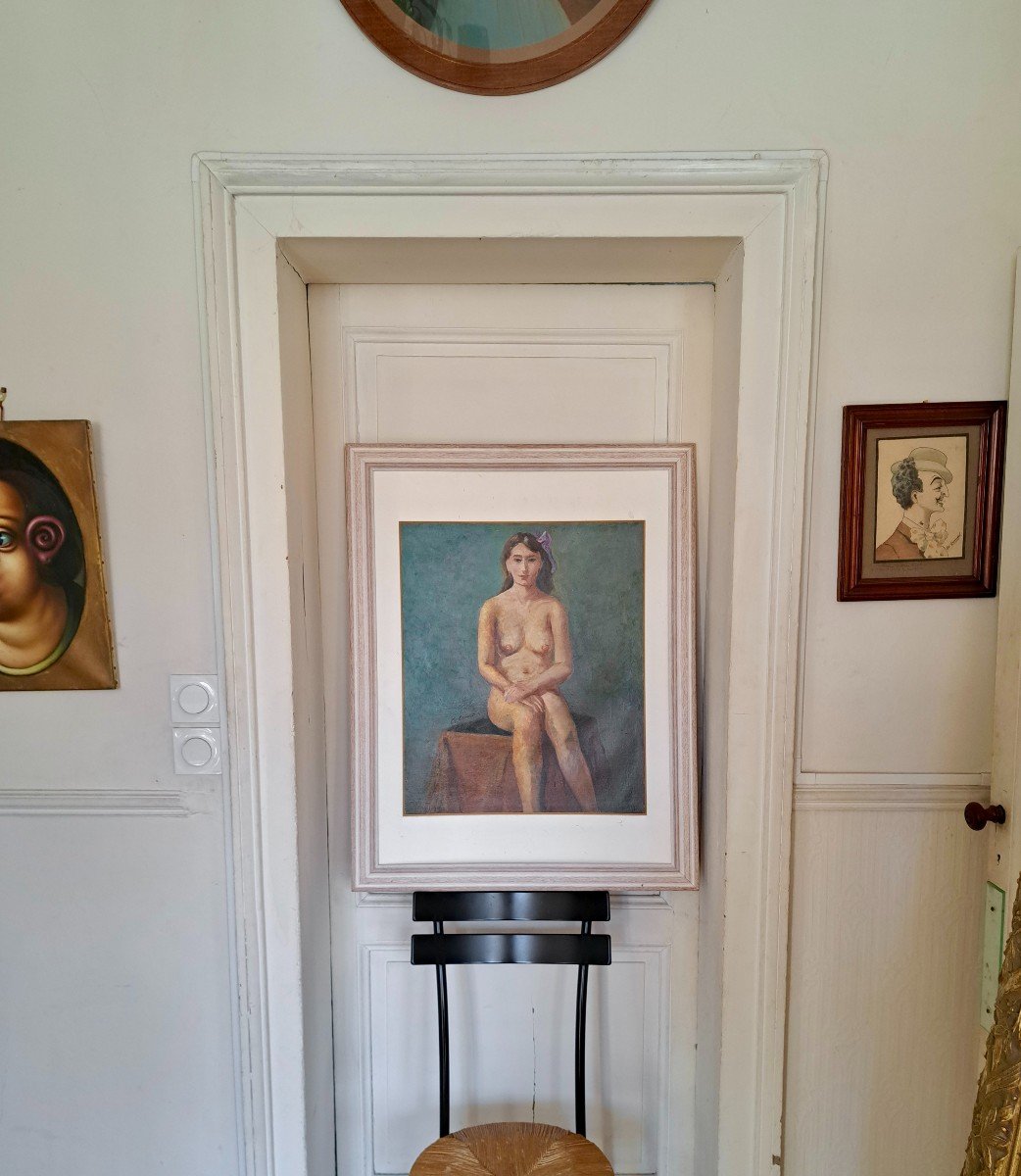 Tableau portrait femme nue à la table école Française signée Ch Camoin -photo-3