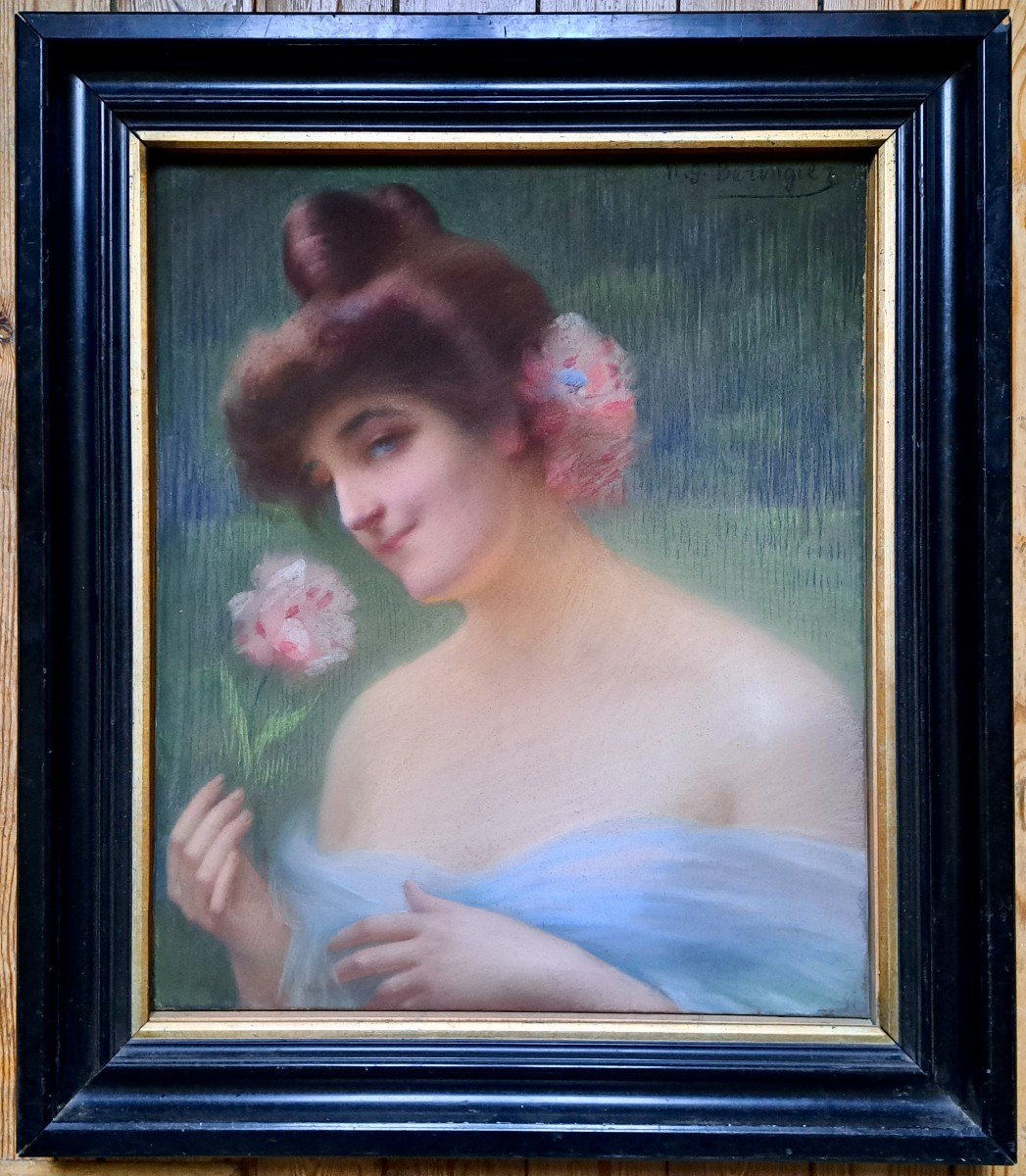 French School Symbolist Portrait Of A Young Woman With Flowers-photo-2