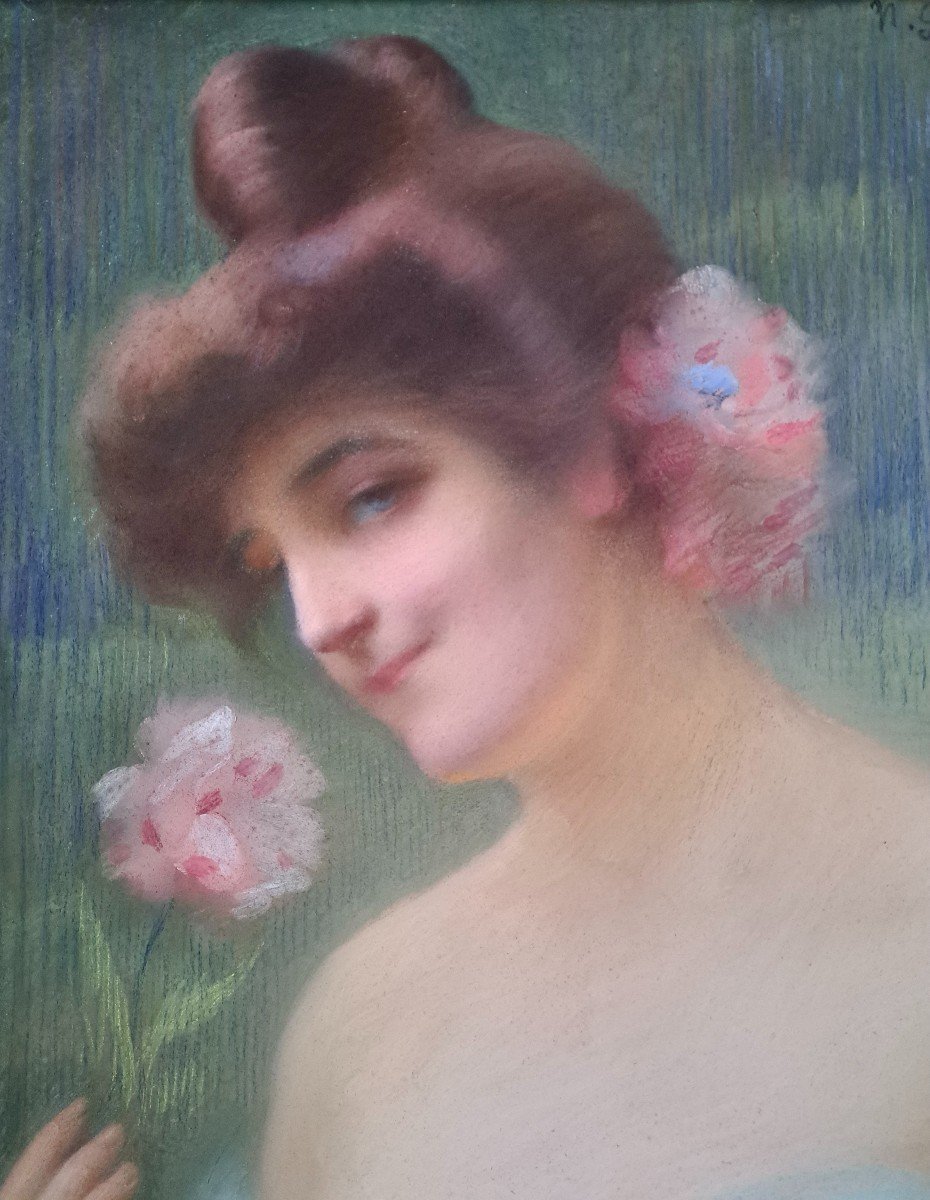 French School Symbolist Portrait Of A Young Woman With Flowers-photo-3