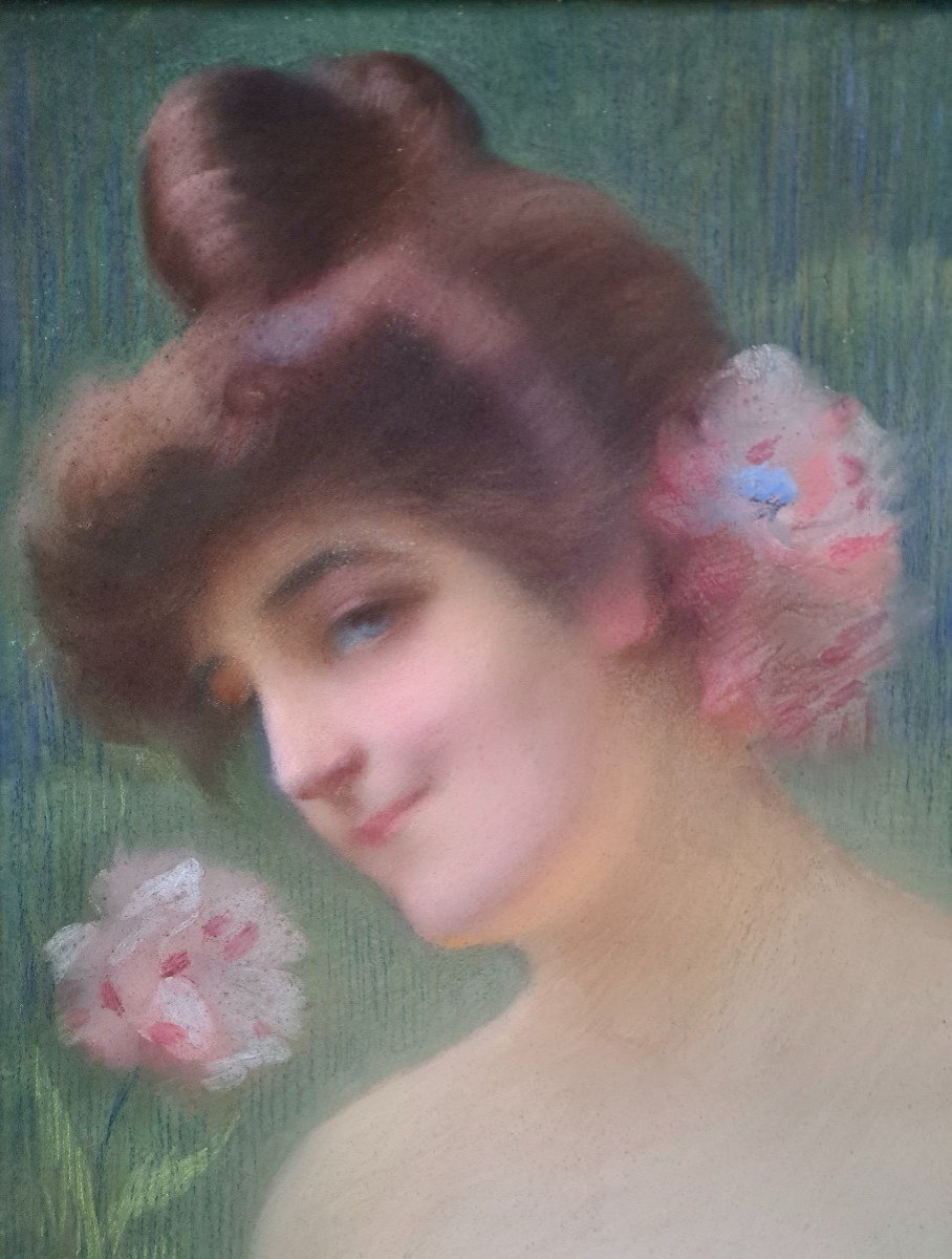 French School Symbolist Portrait Of A Young Woman With Flowers-photo-4