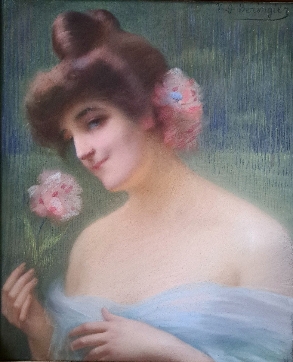 French School Symbolist Portrait Of A Young Woman With Flowers