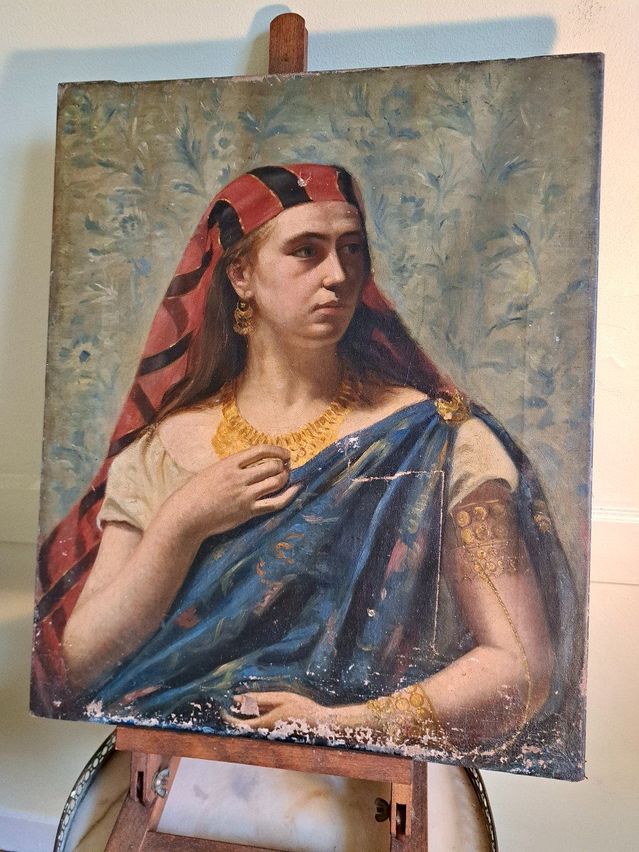 École orientale tableau XIXe portrait d'une femme au foulard Égypte...-photo-2