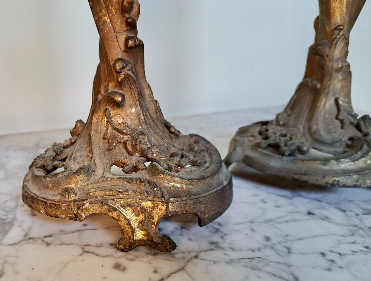 Pair Of Louis XV Style Rock Candlesticks Napoleon II Period In Gilt Bronze-photo-2