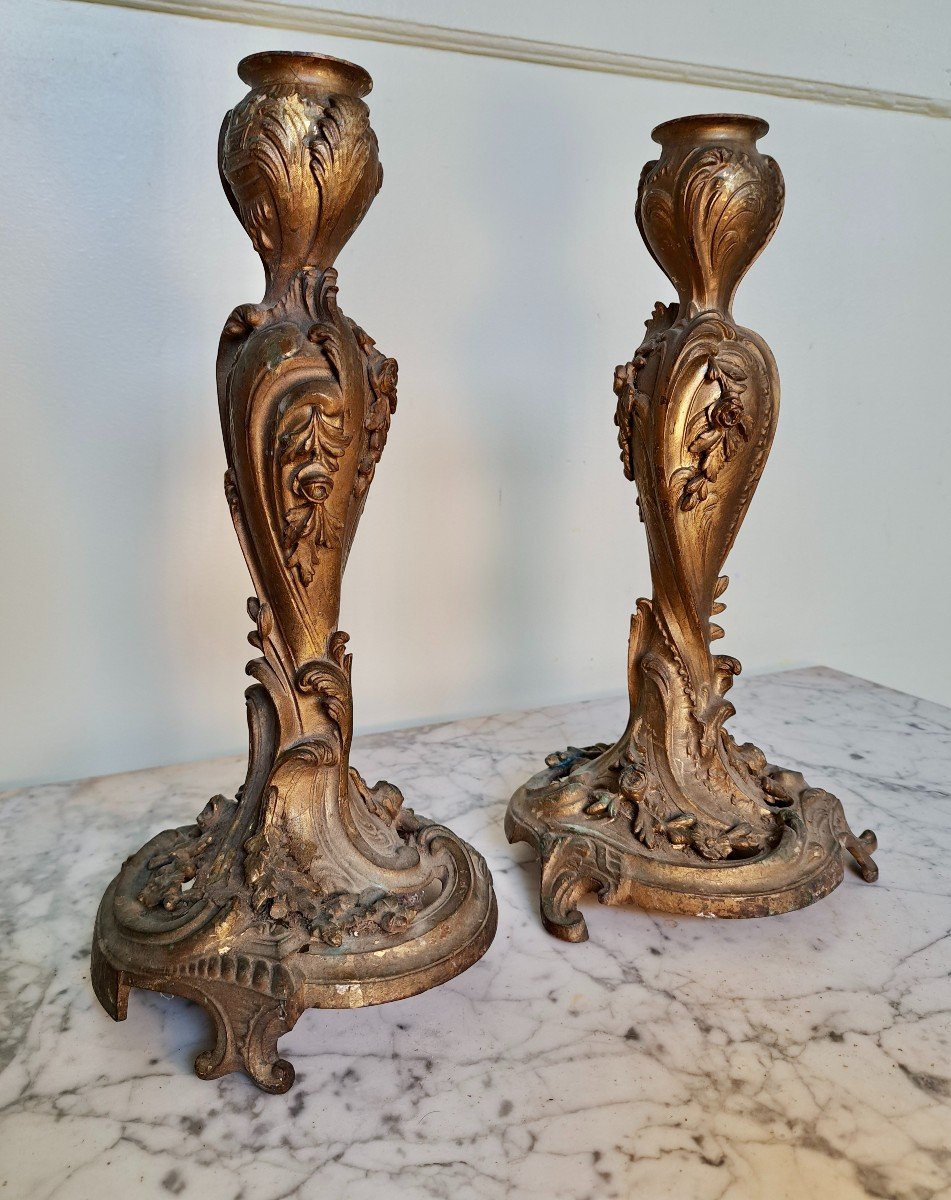 Pair Of Louis XV Style Rock Candlesticks Napoleon II Period In Gilt Bronze