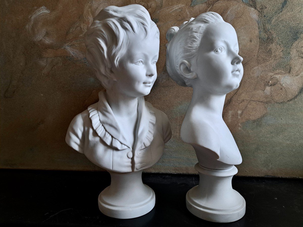 After Houdon (1741-1828) Pair Of Biscuit Busts Louise And Alexandre Brongniart