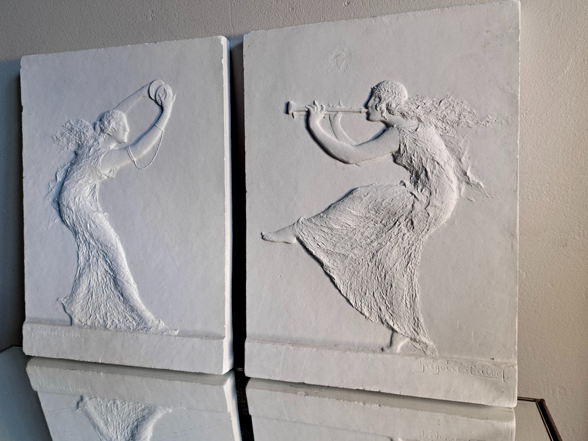 Grégoire Calvet (1871-1928) Triptyque symboliste en plâtre "danse de l'amour"-photo-3