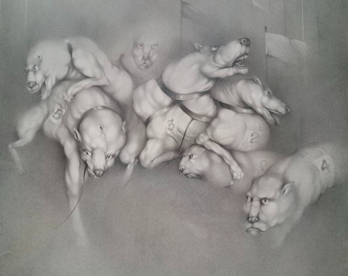 Georges Bru (1933-2024) "meute de chiens" Grand dessin sous verre -photo-2