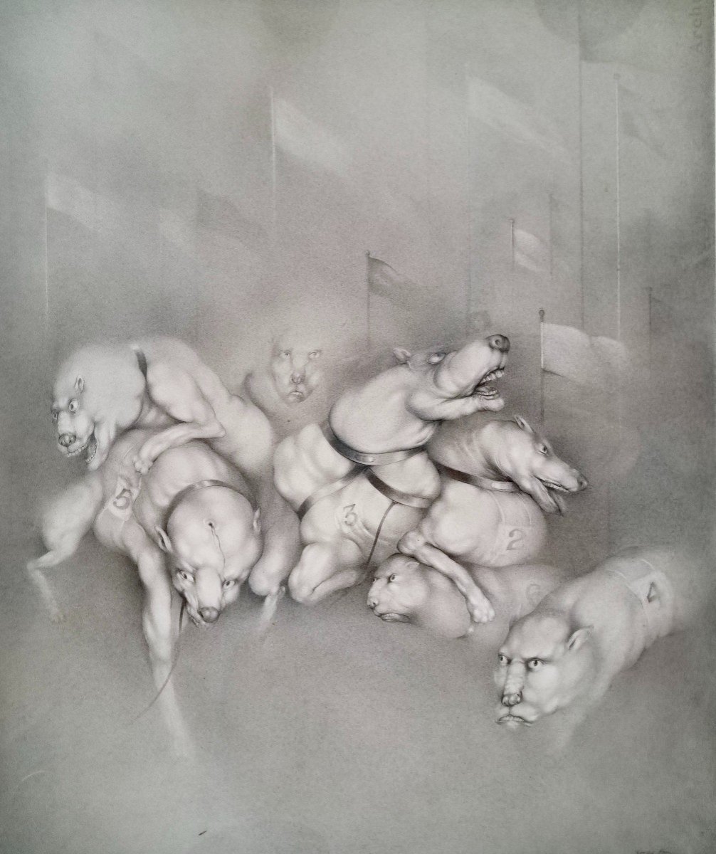 Georges Bru (1933-2024) "meute de chiens" Grand dessin sous verre -photo-3