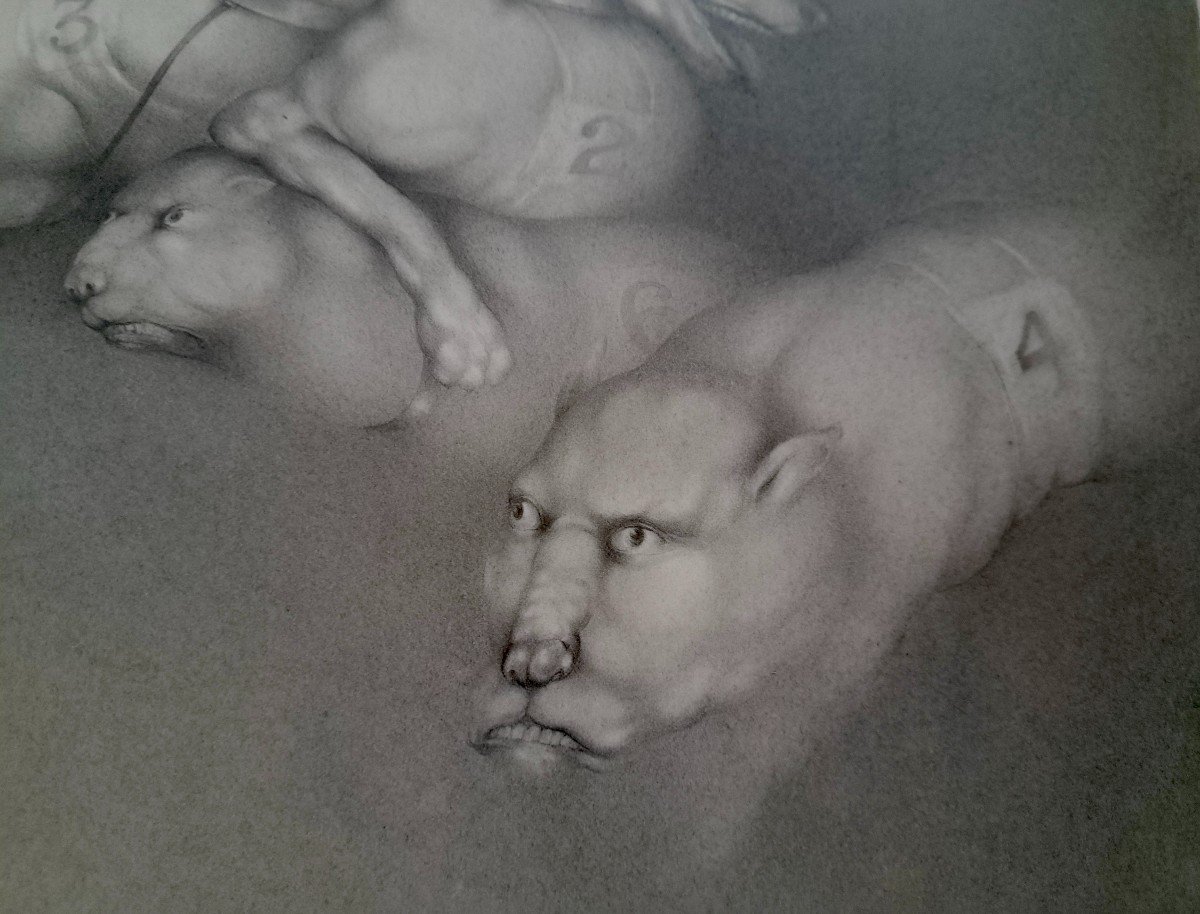 Georges Bru (1933-2024) "meute de chiens" Grand dessin sous verre -photo-1