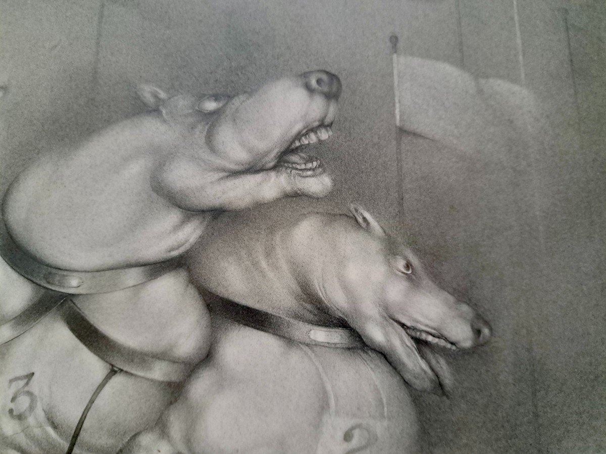 Georges Bru (1933-2024) "meute de chiens" Grand dessin sous verre -photo-2