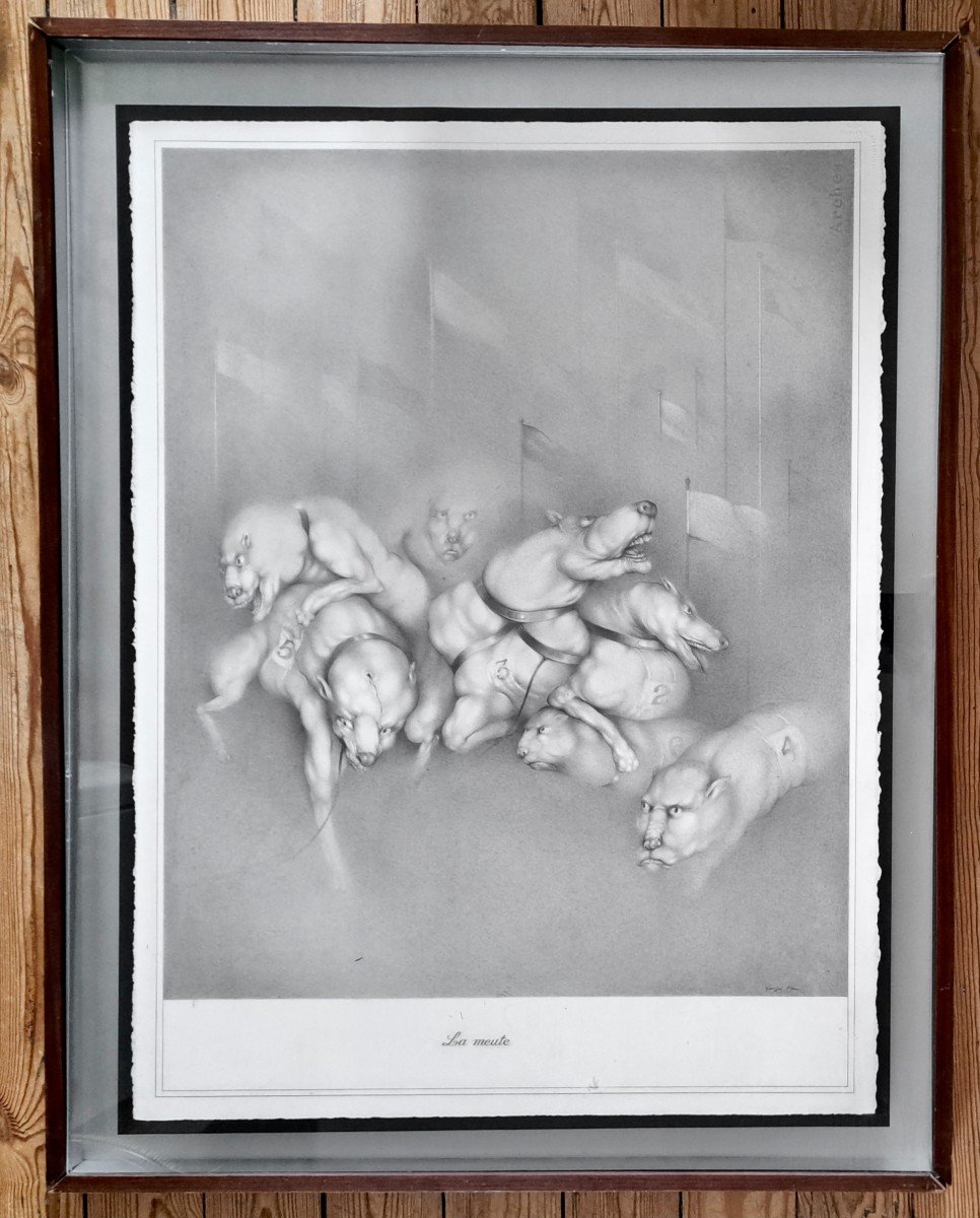 Georges Bru (1933-2024) "meute de chiens" Grand dessin sous verre 