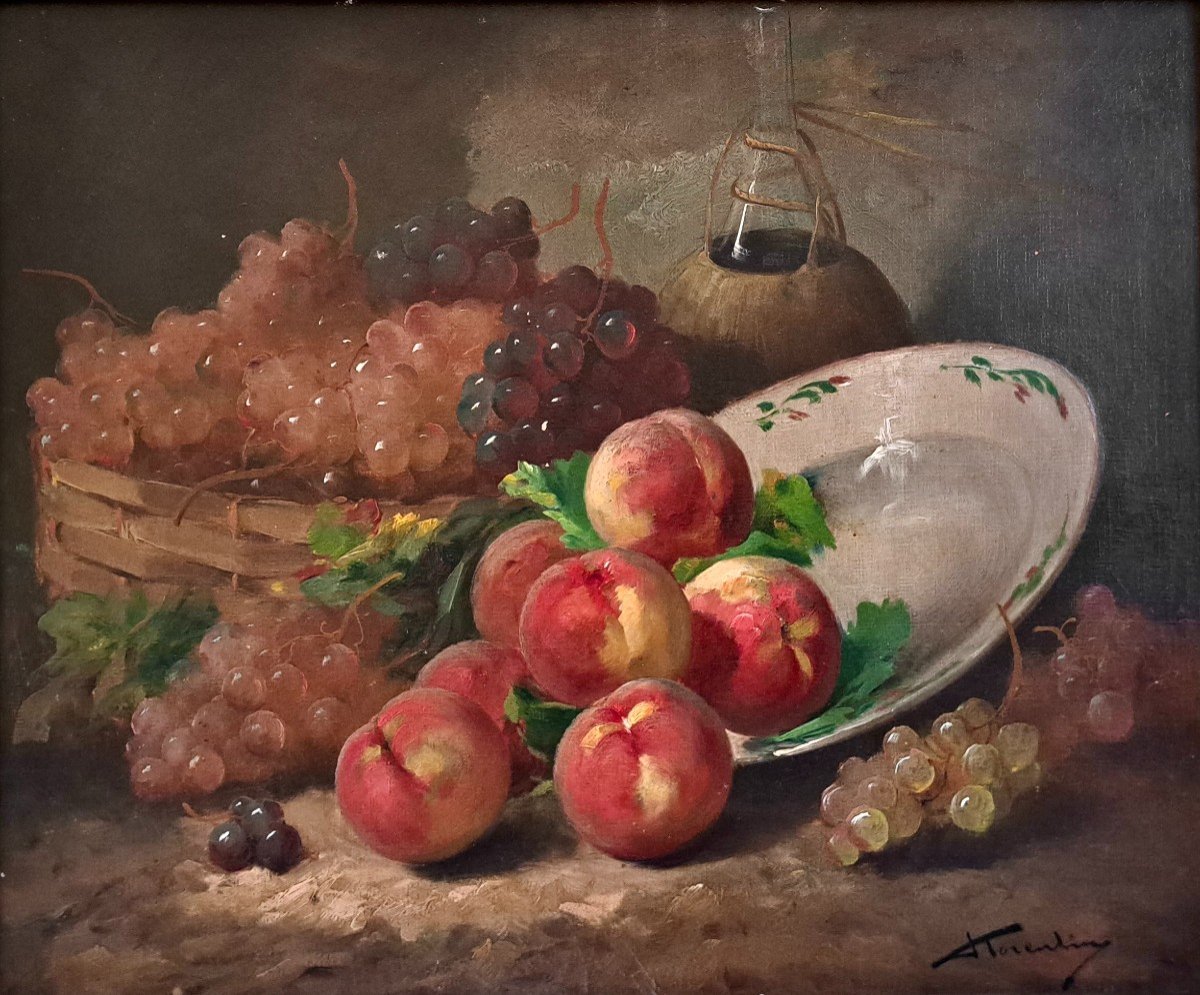 Alfred Arthur Brunel De Neuville (1852-1941) Still Life With Grapes And Peaches-photo-2