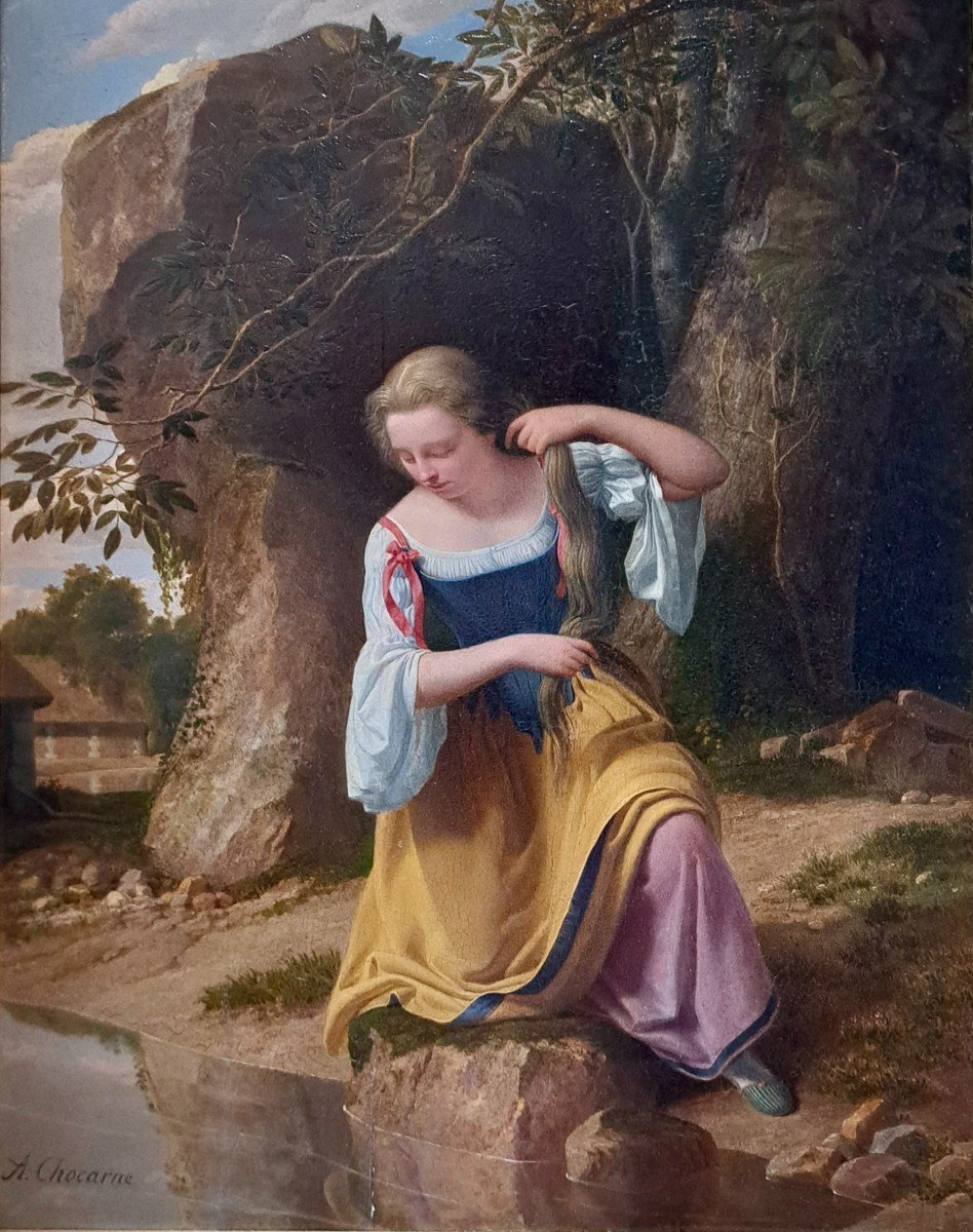  Geoffroy Chocarne (1797-1870) Jeune femme se coiffant dans le reflet de l'eau