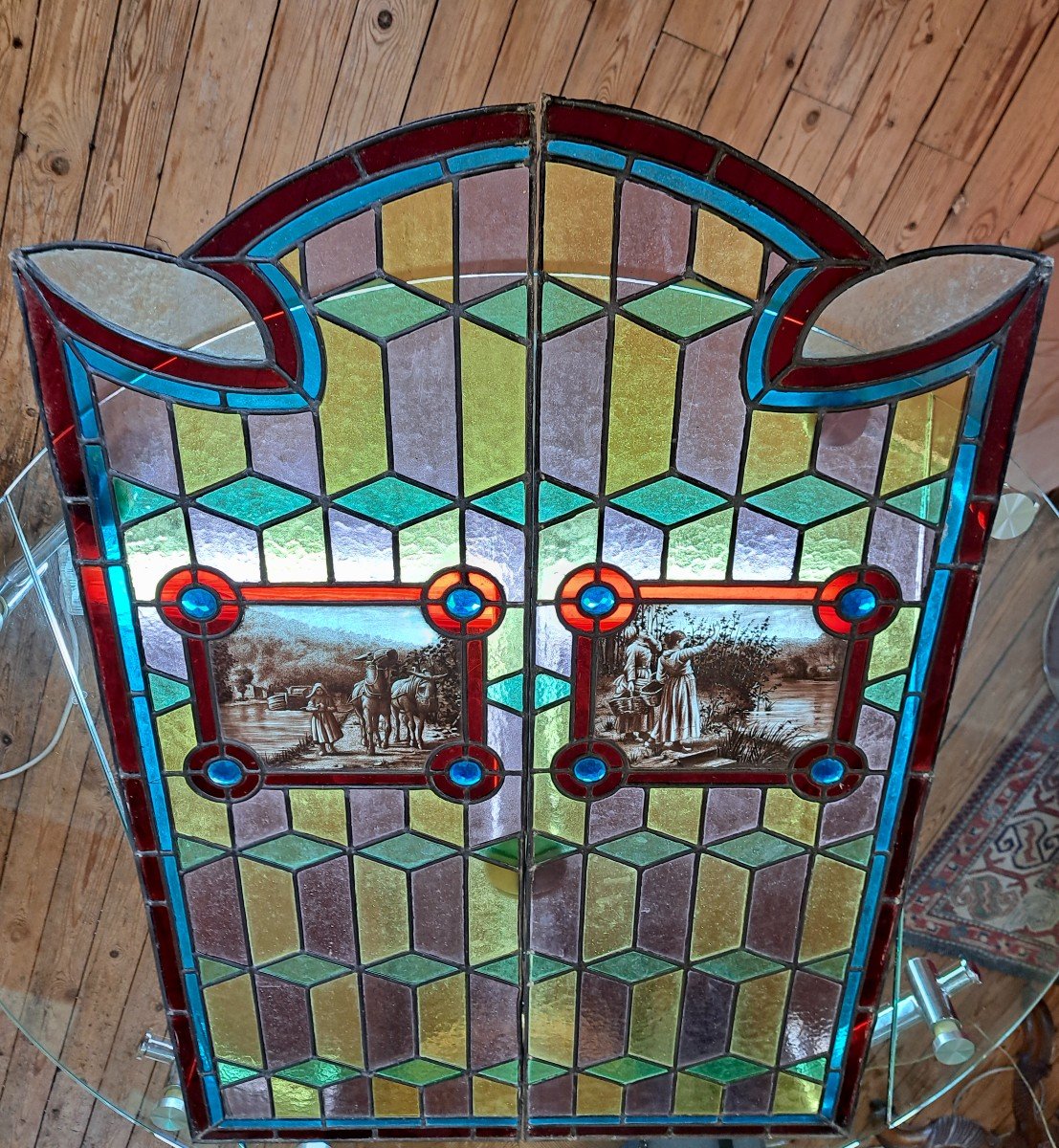 VITRAIL  paire d'éléments art nouveau déco 1900  verrerie polychrome paysages champêtres-photo-3