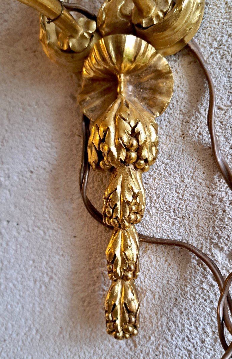 Pair Of Openwork Bronze Sconces In Louis XVI Style Mascaron Putti Sun Garlands..-photo-2