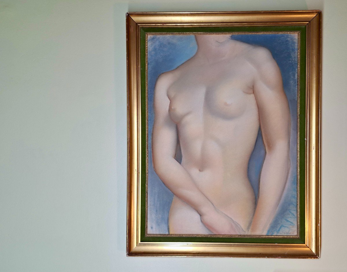 Nu féminin époque art déco. Grand dessin, pastel sur papier signé en bas à gauche.-photo-4