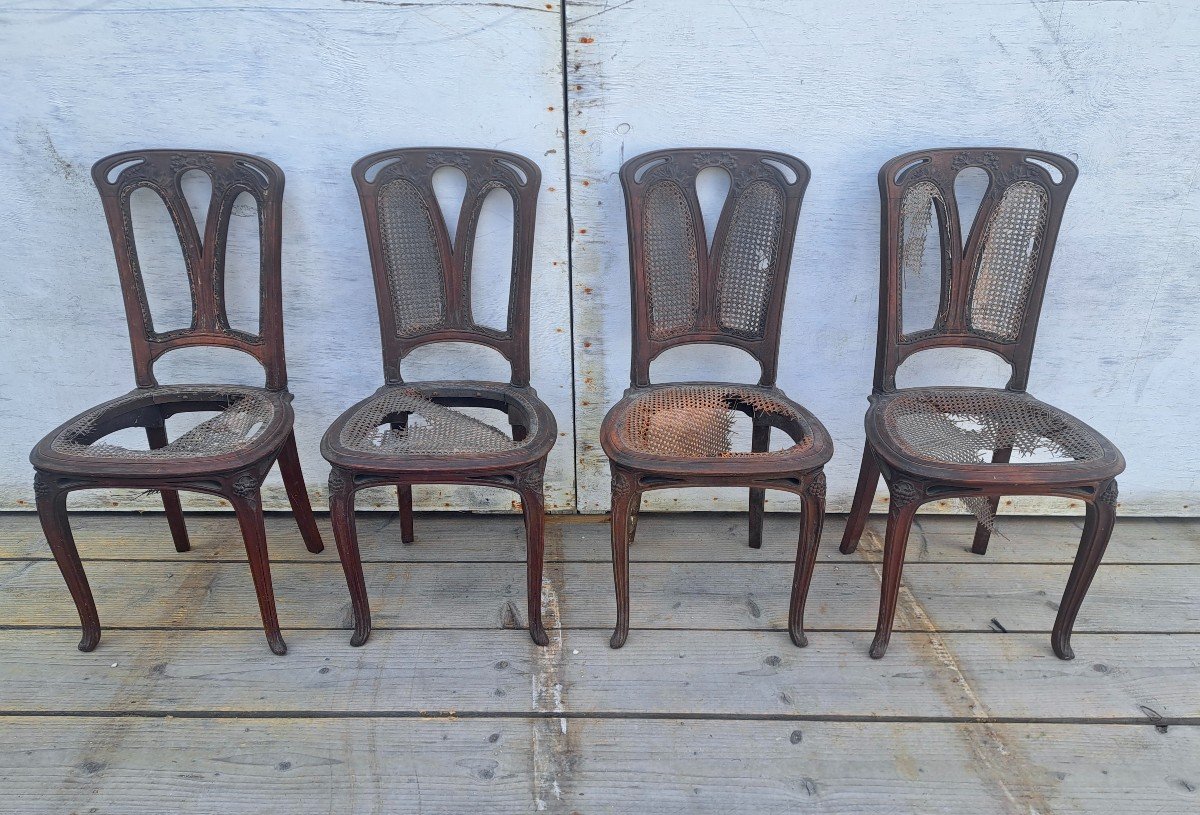 Set Of 4 Mahogany Chairs From The 1900 Art Nouveau Period Nancy School-photo-4