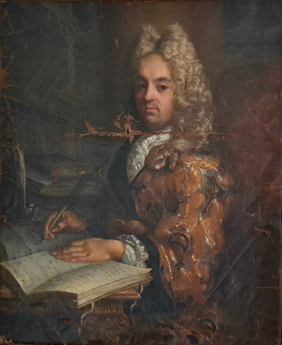 &Eacute;cole Fran&ccedil;aise Louis XIV portrait d&#039;homme d&eacute;but XVIIIe + cadre 