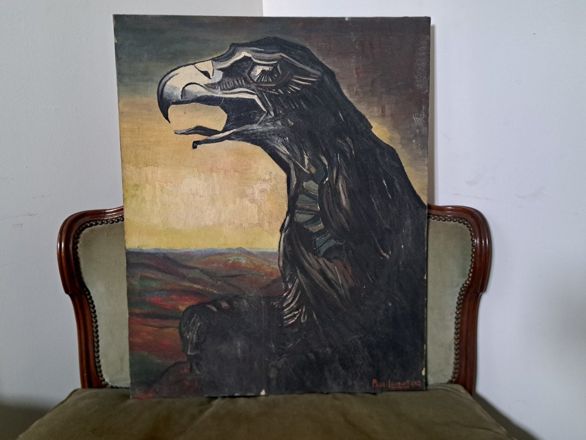 Vautour huile sur toile d&#039;&eacute;poque art d&eacute;co sign&eacute;e dat&eacute;e-photo-2