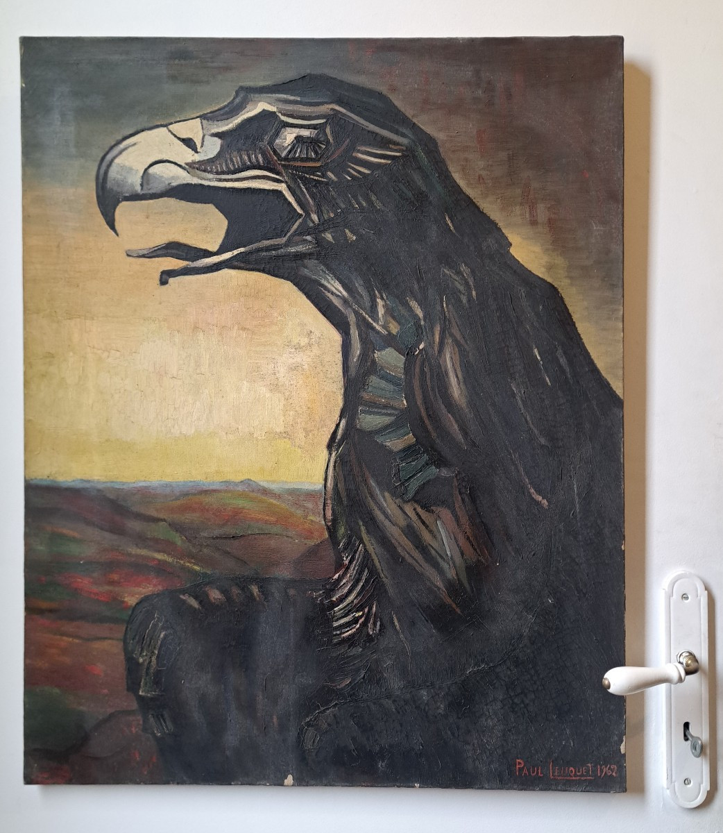 Vautour huile sur toile d&#039;&eacute;poque art d&eacute;co sign&eacute;e dat&eacute;e-photo-3