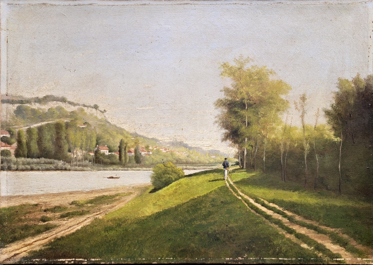 &Eacute;cole fran&ccedil;aise impressionniste p&ecirc;cheur au bord de la Seine vers La Roche-Guyon -photo-2