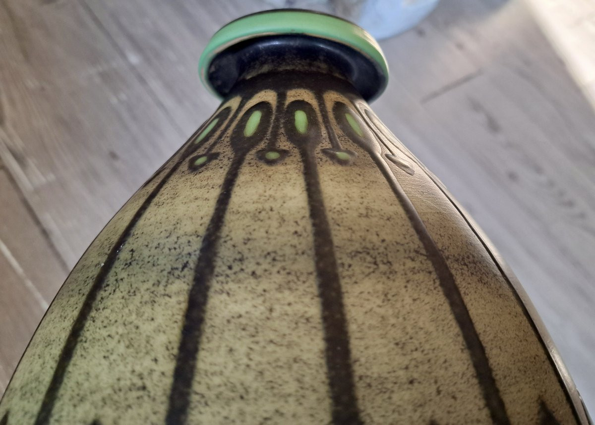Charles Catteau vase ovo&iuml;de en gr&eacute;s atelier Boch la Louvi&egrave;re &eacute;maux vert marron-photo-3