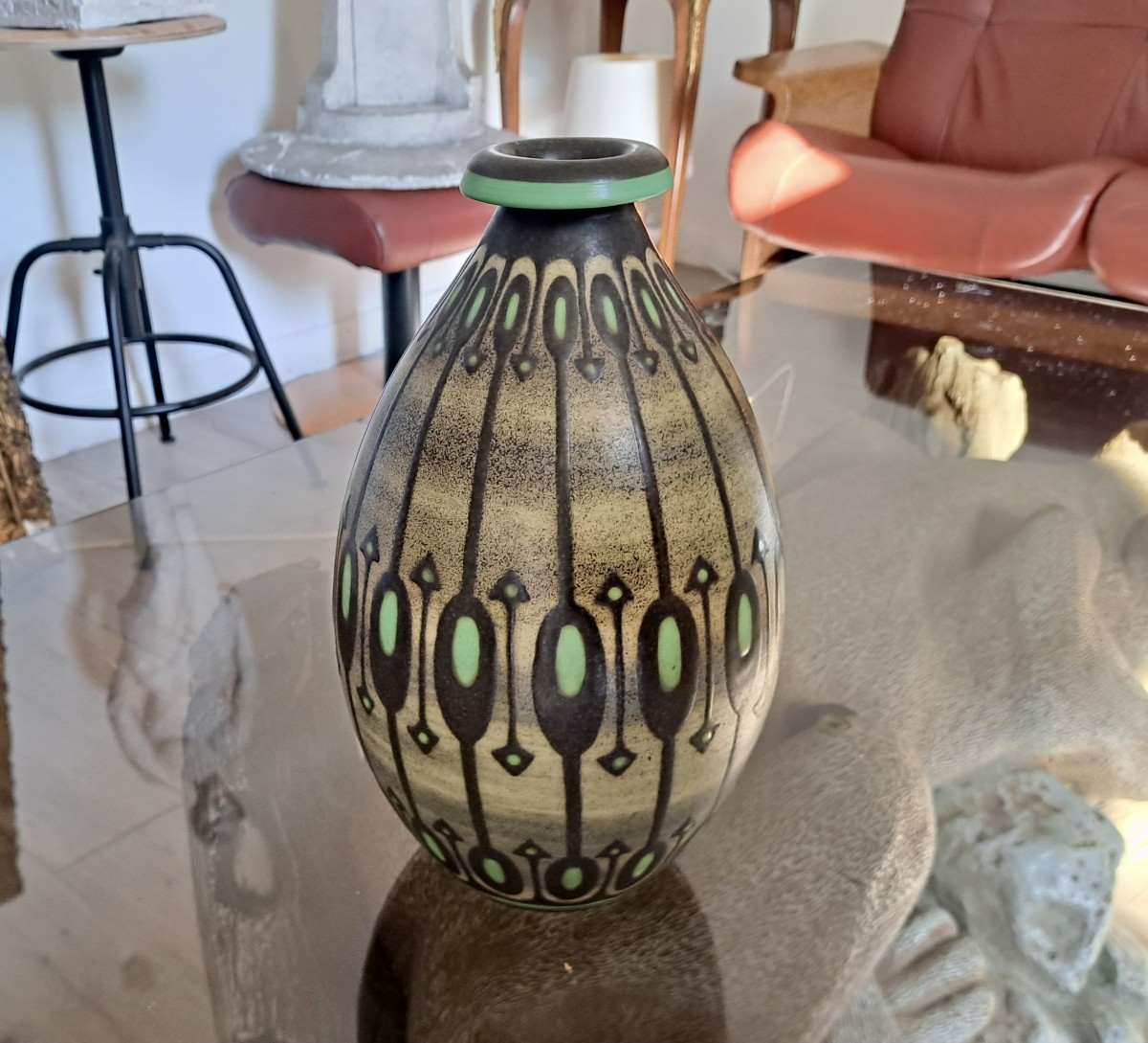 Charles Catteau vase ovo&iuml;de en gr&eacute;s atelier Boch la Louvi&egrave;re &eacute;maux vert marron-photo-2