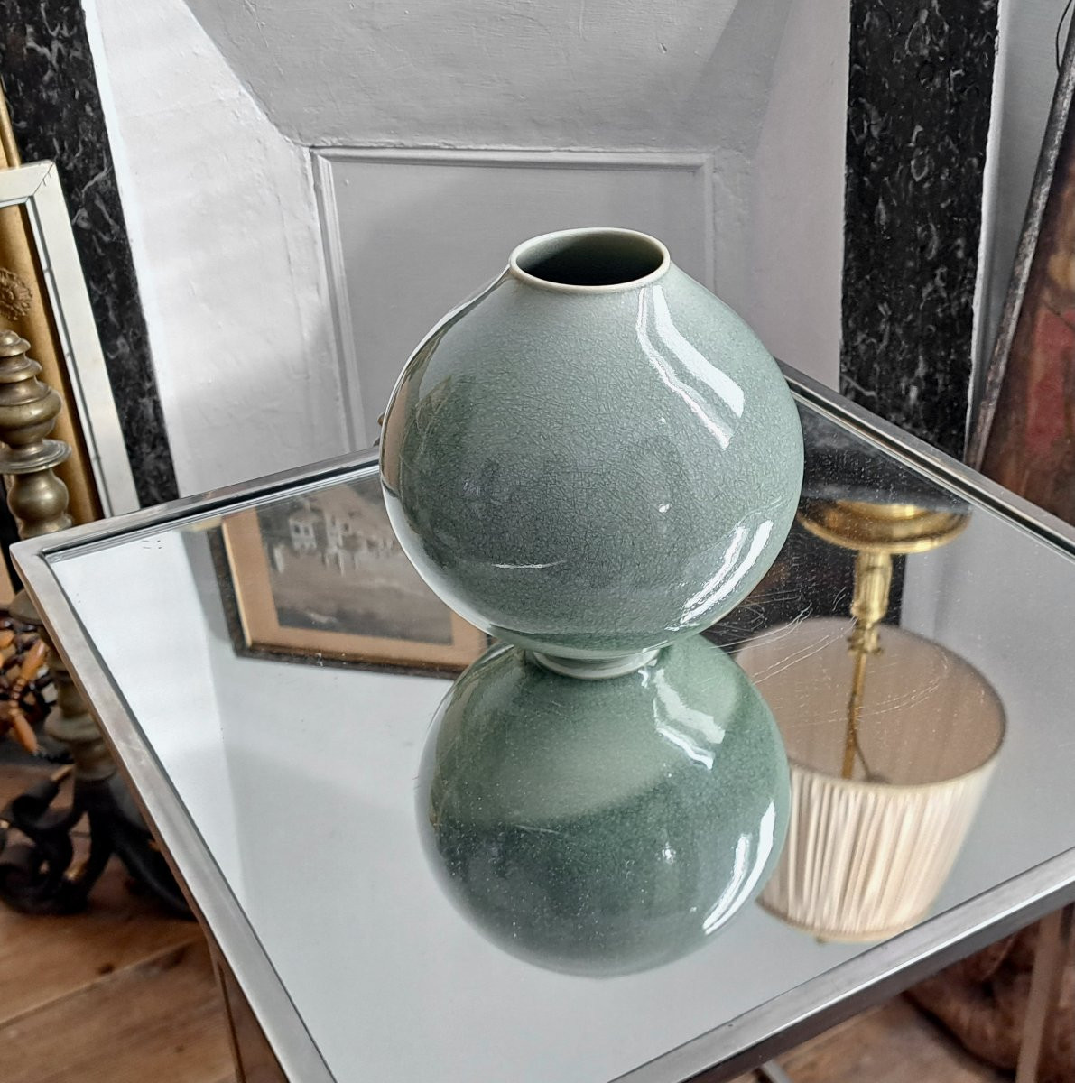 20th Century Celadon Enameled Porcelain Ball Vase-photo-7