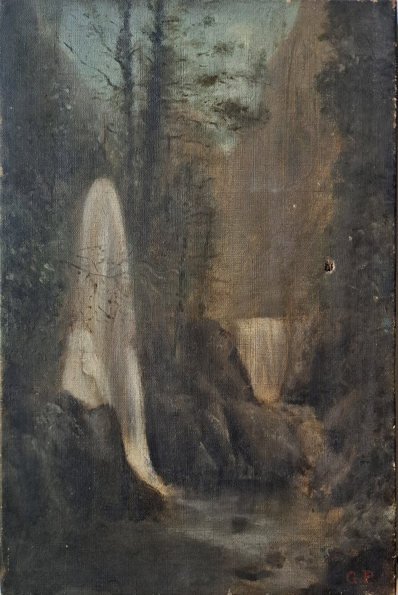 19th Century French School Sketch Of A Mountain Waterfall In The Undergrowth 