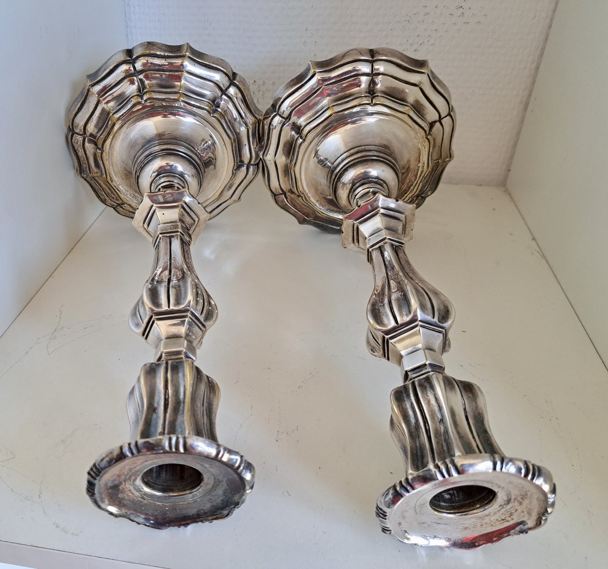 Pair Of Louis XIV Style Candlesticks In Silver-plated Bronze -photo-2