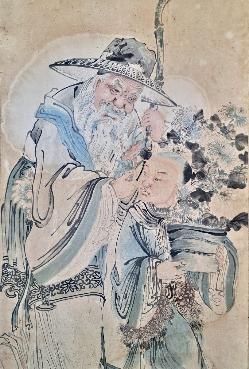 Chine ou Japon aquarelle et encre 131cm x 65cm-photo-3