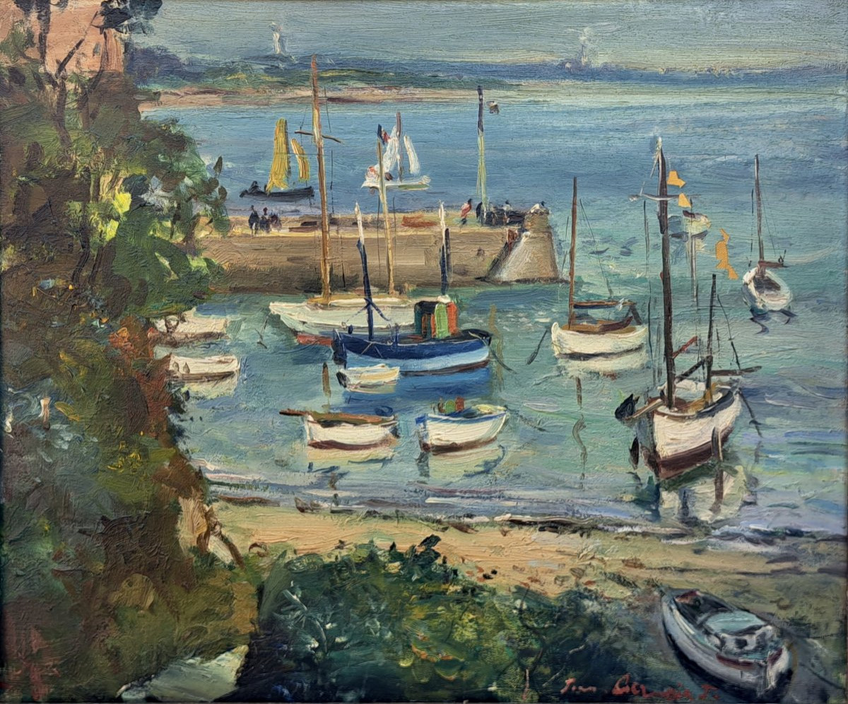 École bretonne jetée en bord de mer, bateaux et voiliers signature à déchiffrer-photo-2