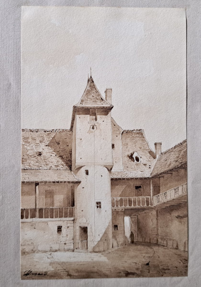 Antique 19th Century Wash Drawing Signed -photo-2