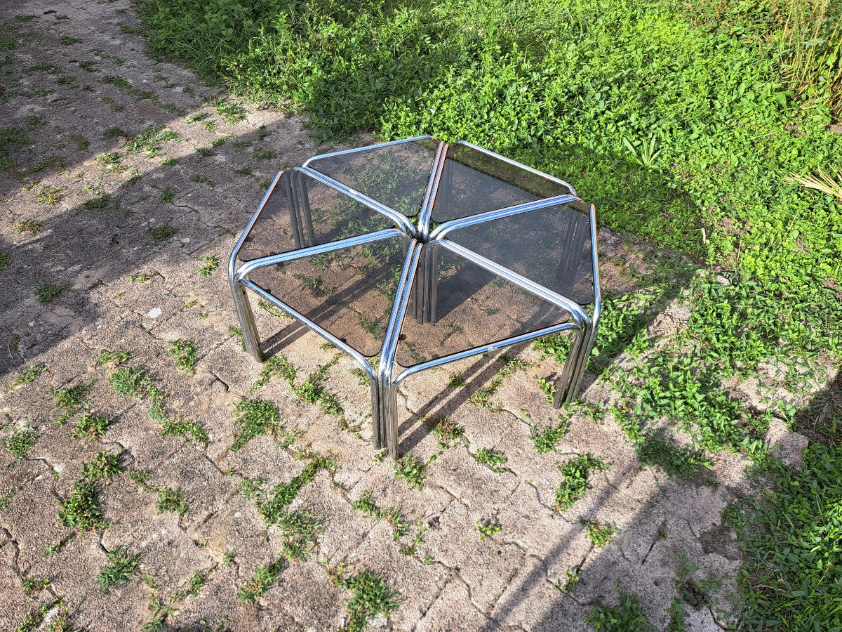Set Of 6 Tables In Chromed Metal And Smoked Glass 2nd Half Of The 20th Century-photo-2