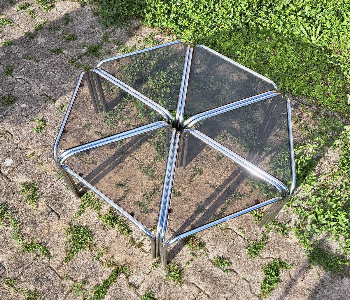 Set Of 6 Tables In Chromed Metal And Smoked Glass 2nd Half Of The 20th Century-photo-3