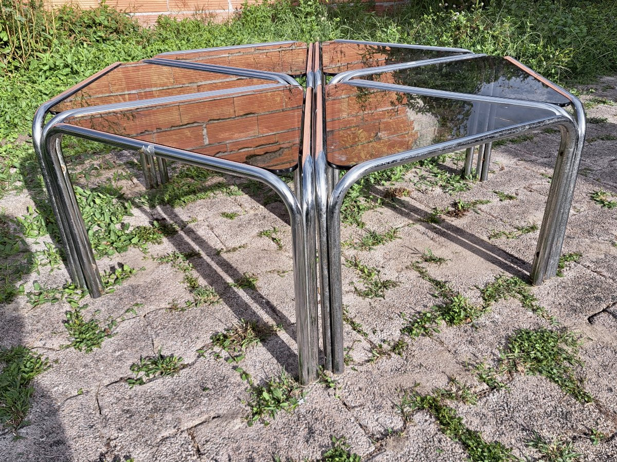 Set Of 6 Tables In Chromed Metal And Smoked Glass 2nd Half Of The 20th Century-photo-4