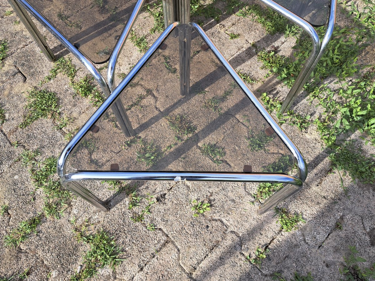 Set Of 6 Tables In Chromed Metal And Smoked Glass 2nd Half Of The 20th Century-photo-2
