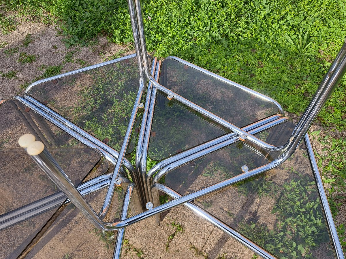 Set Of 6 Tables In Chromed Metal And Smoked Glass 2nd Half Of The 20th Century-photo-3