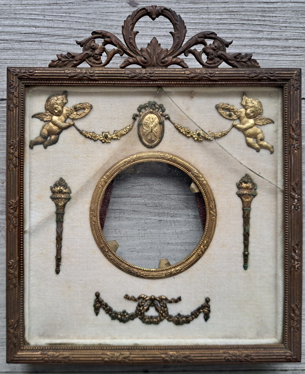 Cadre de mariage en bronze pour miniature de style Louis XVI d&eacute;cor de putti angelots XIXe-photo-2