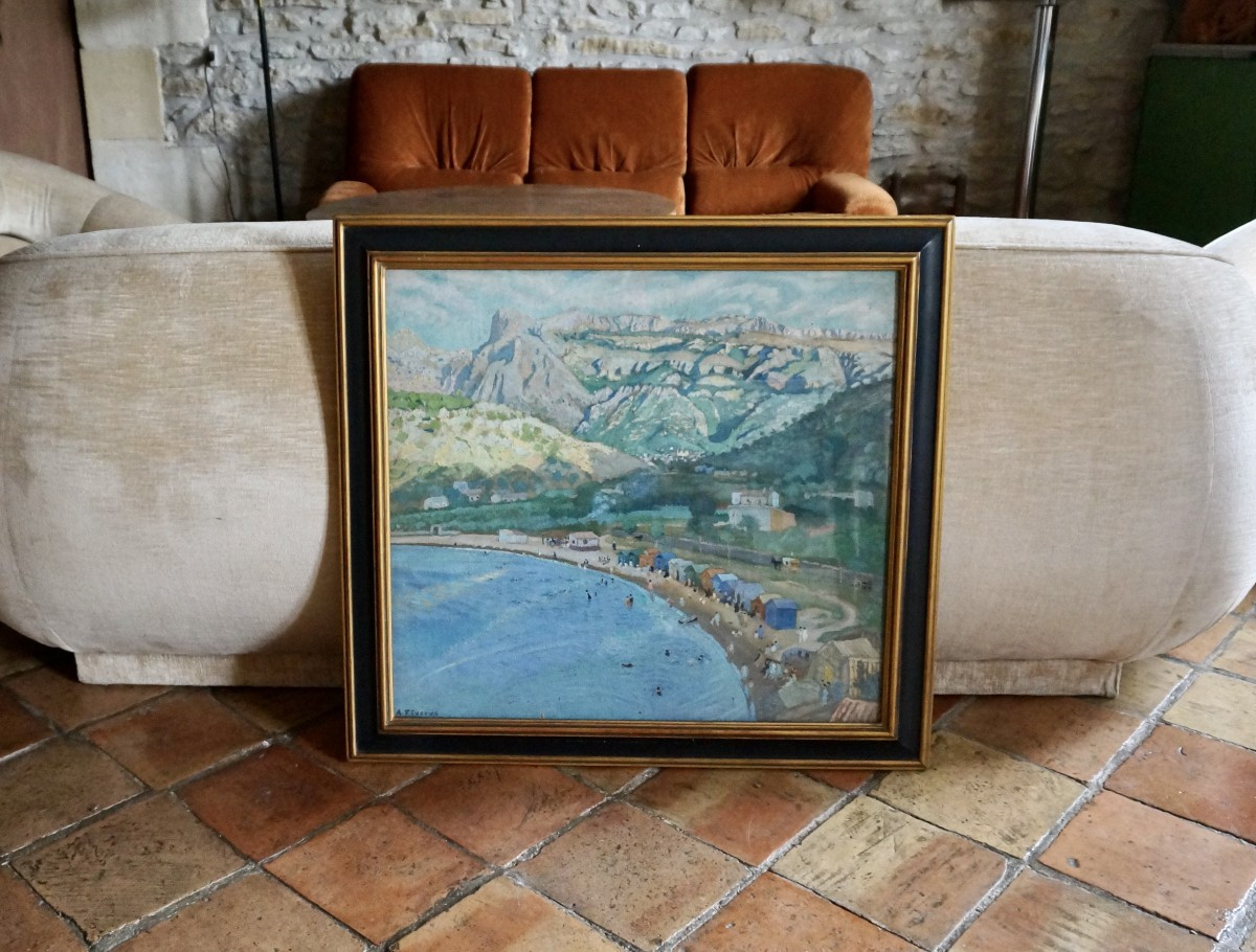 Spanish Post-impressionist School Table Swimming Mountain Lake-photo-2