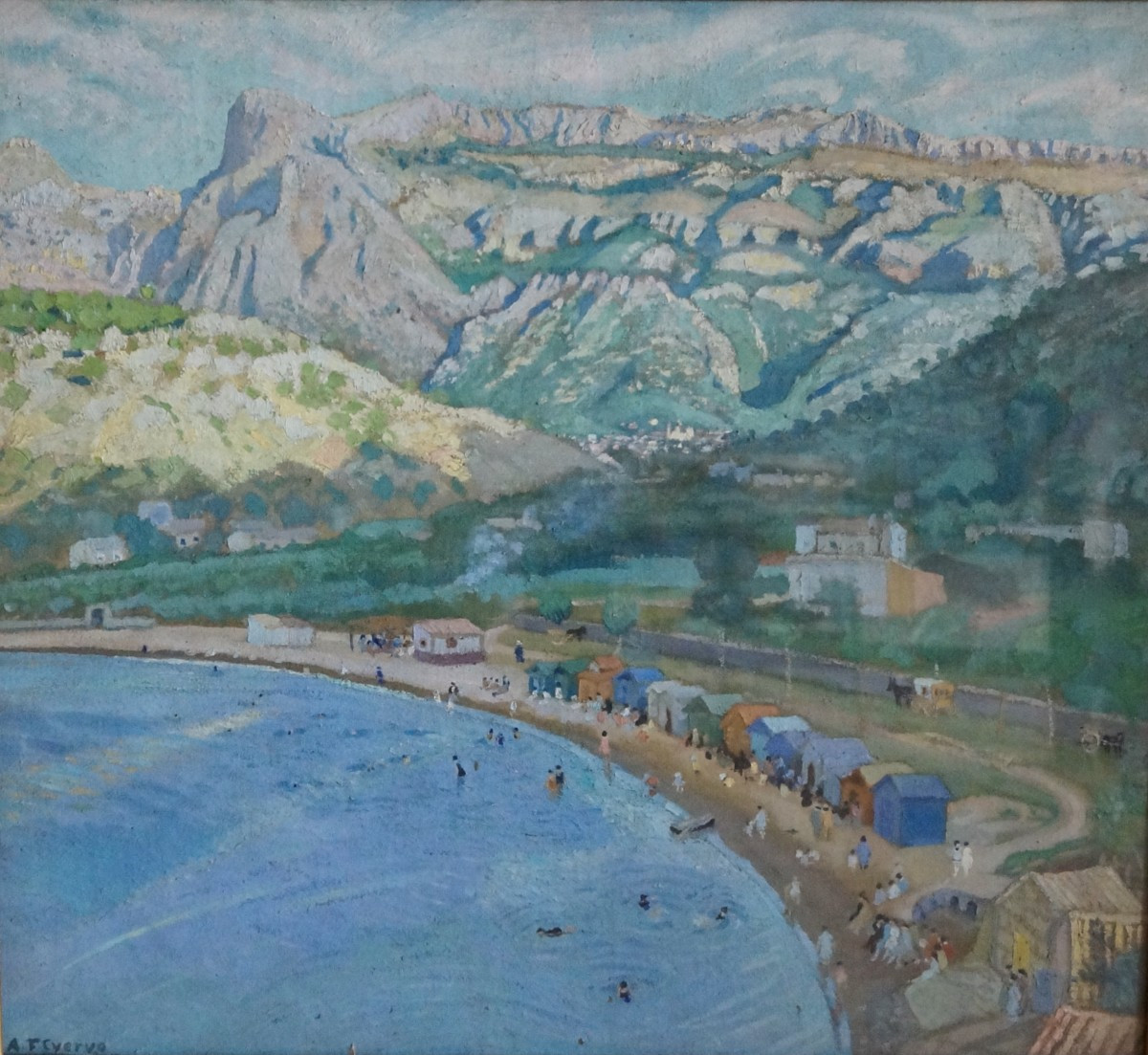 Spanish Post-impressionist School Table Swimming Mountain Lake
