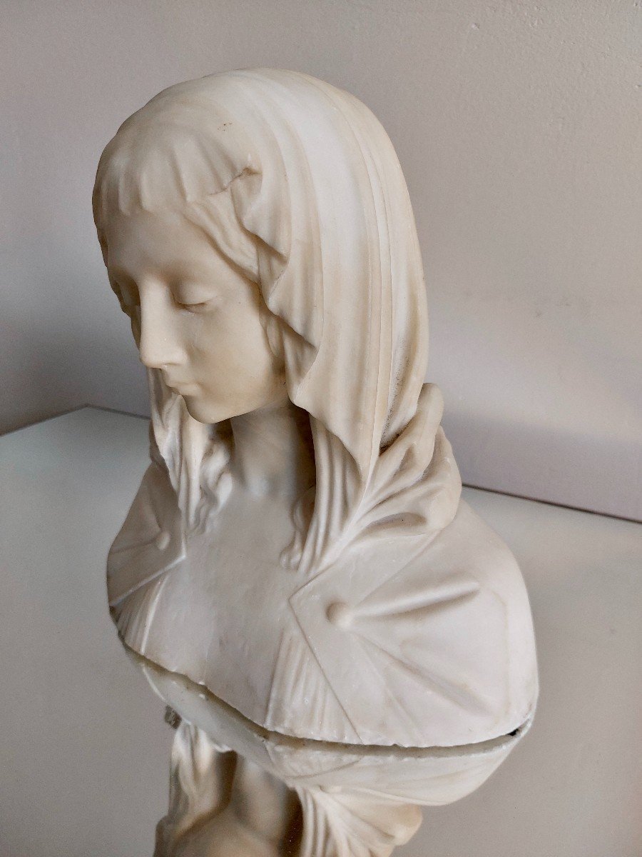 Bust In Alabaster Representing A Draped Young Holy-photo-3