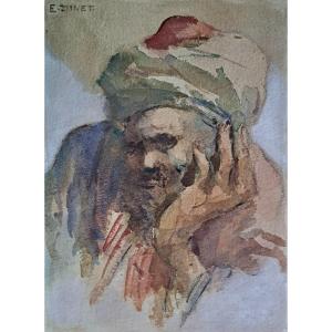 Portrait d'homme au turban aquarelle orientaliste signée E DINET