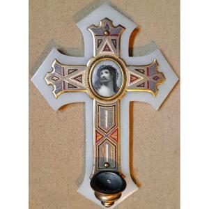 Bénitier Christ sur croix en onyx bronze et émail cloisonné orné d'une miniature sur porcelaine