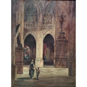 Watercolor 19th Century Interior Of A Cathedral Signed