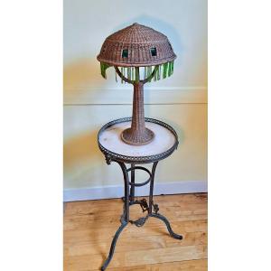 Mushroom Lamp In Rattan, Glass And Pearls Circa 1880/1900