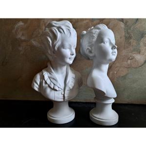 D'après Houdon (1741-1828) paire de bustes en biscuit Louise et Alexandre Brongniart