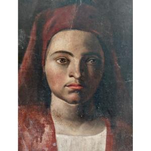 Tableau XIXe portrait d'une femme au foulard.