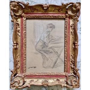 École Française  jeune femme à son courrier dessin vers 1900 signé d'un tampon