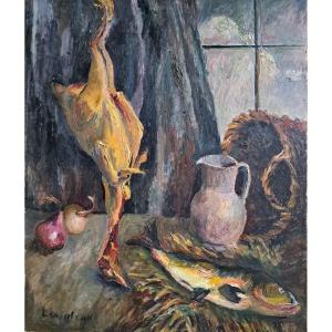 École Française expressionniste nature morte au poulet des années 1950